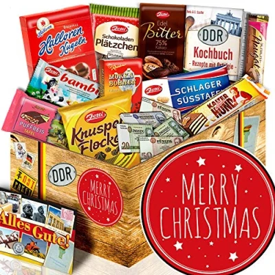 Abbildung von Merry Christmas Geschenk Weihnachten Frau DDR Korb Schokolade