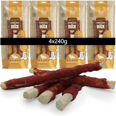 Abbildung von MERSJO Hundeleckerlis XXL Beefhide Kaustangen mit Entenbrust, 4x240g, 24 25 cm, für mittelgroße bis große Hunde