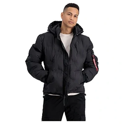 Abbildung von Alpha Industries Hooded LOGO Puffer Winterjacke, Herren, Größe: XXL, Black