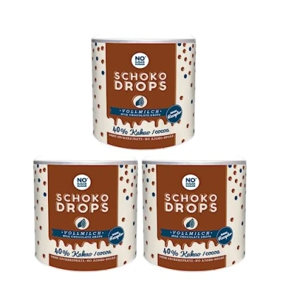Abbildung von NO SUGAR Schokodrops Vollmilch Schokolade mit 40% Kakao Anteil (250g) Hergestellt ohne Zuckerzusatz, gesüßt Erythrit und Stevia (3x 250g)