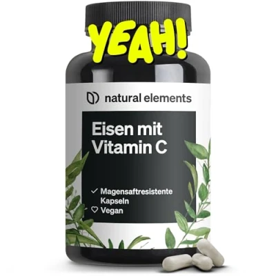 Abbildung von Eisen 20mg (aus Eisenbisglycinat) pro Kapsel mit 42mg natürlichem Vitamin C vegan, geschmacksneutral 180 magensaftresistente Kapseln Premium Rohstoff: FerrochelTM (Eisen Chelat) St