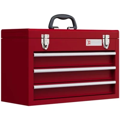 Abbildung von Durhand Werkzeugbox mit 3 Schubladen, oberes Staufach, Handgriff (Werkzeugkasten, 1 St., Werkzeugkiste), 2 Schloss, aus Stahl, Rot