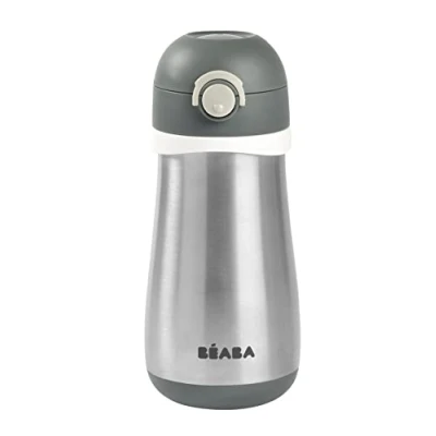 Abbildung von Béaba,Trinkflasche aus Edelstahl für Kinder,2 in 1,Trinkflasche/Glas,Push Knopf erleichtert das Öffnen,robust,gesund,abnehmbare Griffe,Edelstahl,Kälte/Warmhaltung,350 ml,Mineralgrau