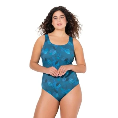 Abbildung von Ulla Popken LEAF Print Badeanzug, Damen, Größe: 42/44, Fir green