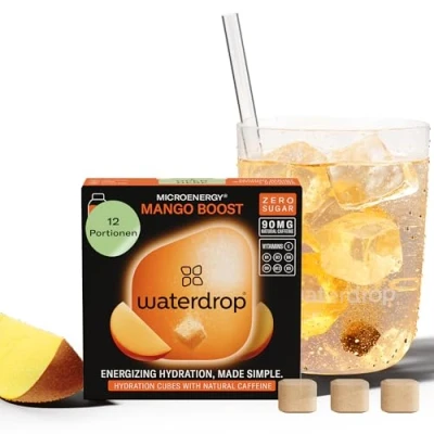 Abbildung von waterdrop® Microenergy MANGO, Energy Drink Pulver, 12 Würfel Getränkepulver, MANGO Geschmack, Zuckerfrei &amp; Kalorienarm, Mit 90 mg Natürlichem Koffein, Vitamin C B Flavour Drops