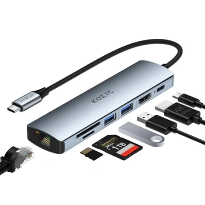 Abbildung von USB C Hub HDMI Ethernet, KOZYC 7 IN 1 to mit 4K 60Hz, 1Gbps 100W PD Charging, 2 3.0 Data, SD/TF Card Slots Port, für Laptop, MacBook Pro, iPad, UHDTV, Steam Deck