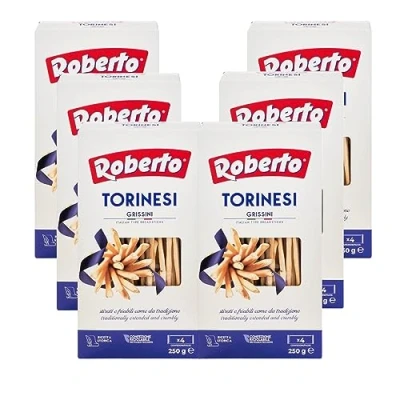 Abbildung von Roberto Grissini Torinesi 6x250g Beutel ultra dünne Brotstangen als Snack, Beilage oder im Büro auch perfekt zu Käse Salamiplatten
