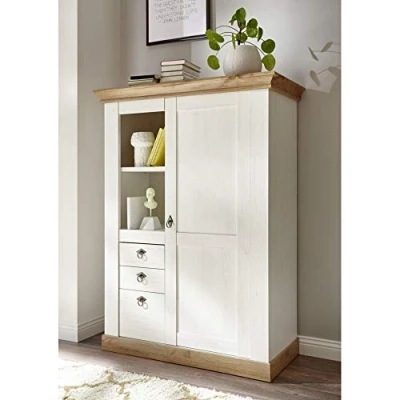 Abbildung von Landhaus Highboard Kommode Pinie weiß, Wotan Eiche Nb., B/H/T ca.: 102/139/44 cm