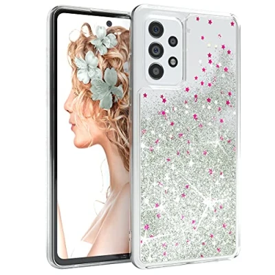 Abbildung von EAZY CASE Hülle kompatibel mit Samsung Galaxy A52 / (5G) A52s Schutzhülle Flüssig Glitzer, Handyhülle, Back Cover Glitter Flüssigkeit, TPU/Silikon, Transparent/Durchsichtig, Silber