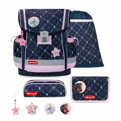 Abbildung von Belmil Classy Plus Schulranzen Set 5 teilig Midnight Gallop mit Brustgurt, Magnetverschluss, Patch 3 Stück Schulrucksack