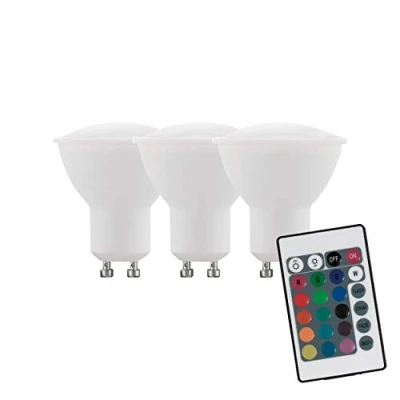 Abbildung von EGLO RGB W LED GU10 dimmbar 3er Set, 3 Spots mit und Warmweiß Funktion, je 4 Watt (entspricht 22 Watt), 220 Lumen, Fernbedienung, Leuchtmittel, Ø 5,3 cm, : 10687