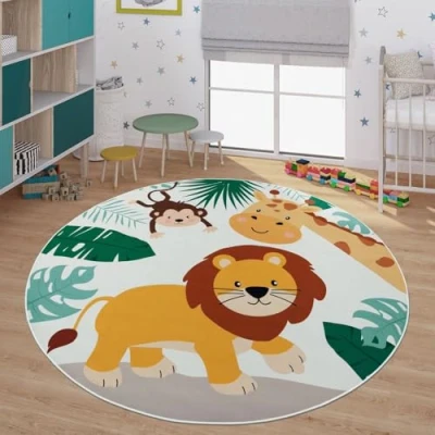 Abbildung von TT Home Kinderteppich Babyzimmer Teppich Kinderzimmer rutschfest Tiere Weltkarte Autos, Farbe:Grün Beige Blau, Größe:200 cm Rund