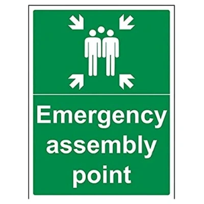 Abbildung von VSafety Hinweisschild mit englischer Aufschrift „Emergency Assembly Point“, Hochformat, 300 x 400 mm, 1 mm starrer Kunststoff