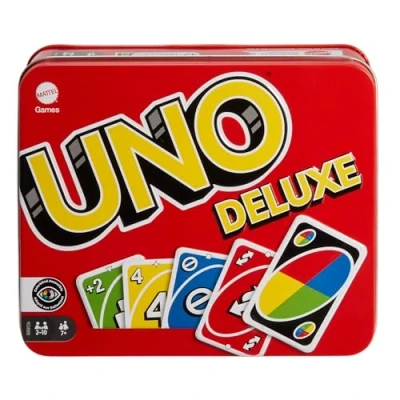 Abbildung von Mattel Games K0888 UNO Deluxe, in exklusiver Verpackung mit Punkteblock, Sammlerdose, Gesellschaftsspiel, Geschenk ab 7 Jahren