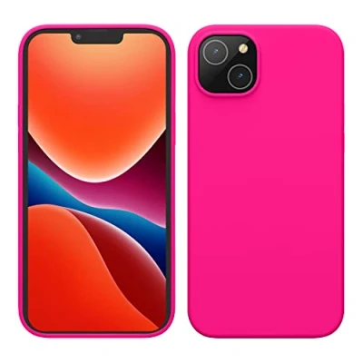 Abbildung von kwmobile Hülle für das iPhone 14 Plus dünnes Silikon Handy Case stoßfeste Handyhülle mit weicher Oberfläche unterstützt kabelloses Laden Neon Pink