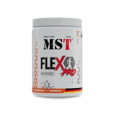 Abbildung von Flex Pro 945 g 90 Portionen von MST®: Kollagen, MSM, Glucosamin Chondroitin hochdosiert, Hyaluronsäure, Curcumin, Bromelain, Selen, Vitamin C, D3, Zink und Mangan. Orangengeschmack.