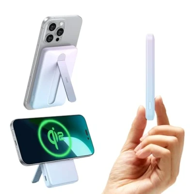 Abbildung von ESR Qi2 Zertifiziertes MagSafe Power Bank, Ständer 5000mAh 15W Schnell Ladendes Tragbares Ladegerät, 1,5cm Ultrakompakte Powerbank, Ladegerät mit USB C Kabel für iPhone 16/15/14/13/12, Pastell