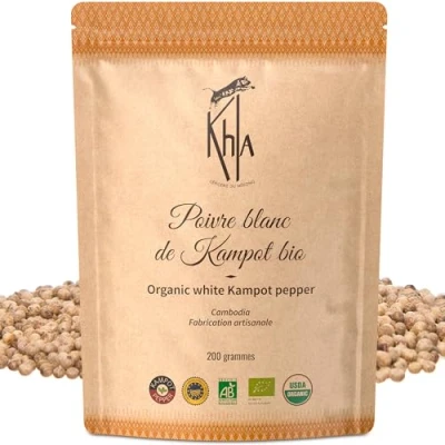 Abbildung von Khla Kampot Pfeffer Weiß Bio 200g Weißer Pfefferkörner Ganz Biologisch Grand Cru, Stark &amp; Kräftig Zutat Küchen Direkt vom Erzeuger Weiße Körner Ganze für Mühle Aus Kambodscha