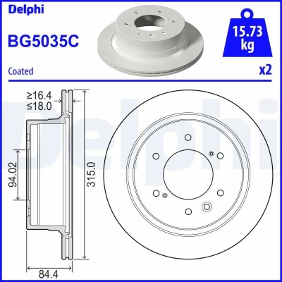 Abbildung von DELPHI BG5035C Bremsscheibe 315 18 6 Belüftet beschichtet unbehandelt ohne Radlager, ABS Sensorring