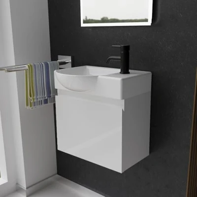 Abbildung von Alpenberger Badmöbel Set Gäste WC Waschbecken mit Unterschrank 45 cm Breit, (Badschrank 2 tlg., Waschtisch hängend), Waschbeckenunterschrank Softclose Weiss Links Becken