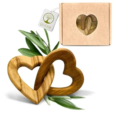 Abbildung von OLIQUE Holzherzen, Olivenholz Verbundene Holz Herzen als individuelles Geschenk zur Hochzeit, Hochzeitstag oder Verlobung (5 cm)