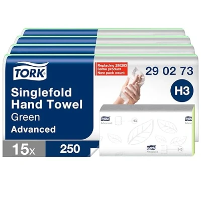 Abbildung von Tork Zickzack Papierhandtücher grün H3, Advanced Falthandtücher für Papierhandtuchspender, saugfähig und reißfest, 2 lagig, 15 x 250 Tücher, 290273