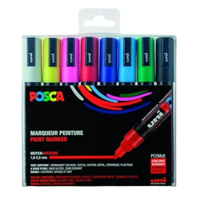 Abbildung von uni ball 182512 POSCA Marker mit mittelfeiner Rundspitze, 8er Set, Grundfarben
