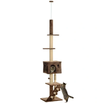 Abbildung von PawHut Kratzbaum Deckenhoch, 225 265 cm, mit Kippschutz, Katzenhöhle, Kratzstämmen, Spielball, Braun