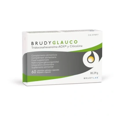 Abbildung von Brudy Glauco Nahrungsergänzungsmittel mit Omega 3 Fettsäuren, angereichert DHA 70 %, EPA 8,5 DPA 6 % und Cyticolin, unterstützt die normale Funktion des Gehirns, der Augen