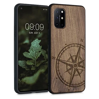 Abbildung von kwmobile Hülle kompatibel mit OnePlus 8T Holz Case Handy Cover TPU Handyhülle in Dunkelbraun Kompass Vintage