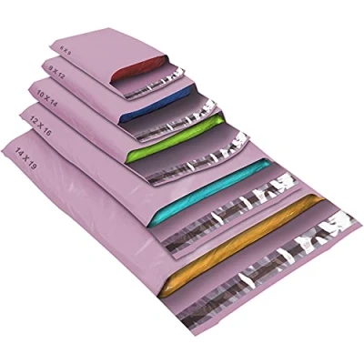 Abbildung von Versandtaschen in verschiedenen Größen, selbstklebend, stark, wasserdicht, Poly Kunststoff, für Pakete, Verpackungen, klein, mittel, groß, 5 Babyrosa, 50 Stück