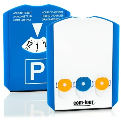 Abbildung von com four® 2X Parkscheibe mit Eiskratzer, Gummilippe und Einkaufswagenchip Parkuhr aus Kunststoff (02 Stück Chip)