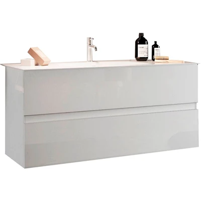 Abbildung von welltime Waschtisch &quot;Start, Breite 80 cm, 2 bzw. 3 Schubkästen&quot;, Badmöbel, Soft Close, Keramik Einsatzbecken, Weiß Hochglanz Lack