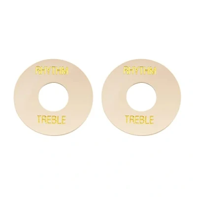 Abbildung von Musiclily Pro Selbstklebend Toggle Switch Washer Treble/Rhythm Plate Unterlegscheibe für Schalter Les Paul SG E Gitarre,Creme mit Gold Schrift(2er Set)