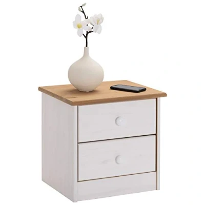 Abbildung von IDIMEX Nachtkommode RONDO, Nachttisch RONDO Kiefer massiv weiß/braun Kommode mit 2 Schubladen Lan