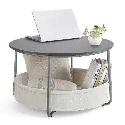 Abbildung von VASAGLE Couchtisch rund, Tisch mit Stauraum, Beistelltisch, Wohnzimmertisch Korb aus Stoff, modern, Metallrahmen, zementgrau cremeweiß LCT244G01