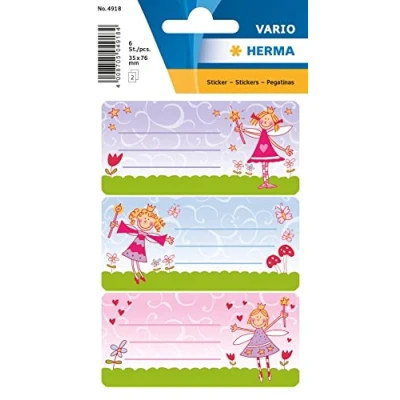 Abbildung von HERMA 4918 Buchetiketten zum Beschriften Prinzessin, 6 Stück, 76 x 35 mm, selbstklebend, liniert, Buchaufkleber für Schule Kinder Mädchen Jungen, mehrfarbige Heftetiketten Aufkleber, bunt rosa
