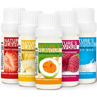 Abbildung von Flavour Drops Set, Flavdrops Zuckerfrei, natürliches Lebensmittelaroma, ERDBEERE, BANANE, MARACUJA, WALDHIMBEERE, MILCH