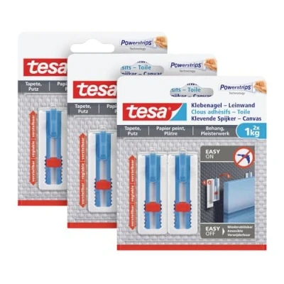 Abbildung von tesa Klebehaken Klebenagel mit max. 1 kg Haltekraft für Bilder verstellbar, Dekoration, Bilder, Leinwände, (Spar Set, 6 St., inkl. Powerstrips), POWERSTRIPS Doppelseitig Leinwände 2er Pack