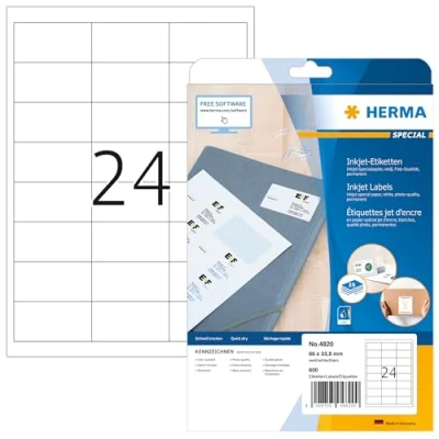 Abbildung von HERMA 4820 Universal Etiketten für Inkjet Drucker, 25 Blatt, 66 x 33,8 mm, 24 pro A4 Bogen, 600 Stück, selbstklebend, bedruckbar, matt, blanko Klebeetiketten Aufkleber Tintenstrahldrucker, weiß
