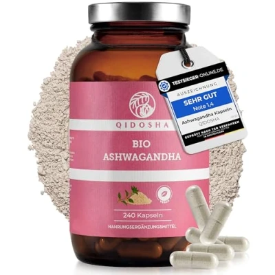 Abbildung von QIDOSHA® Bio Ashwagandha Kapseln, TESTSIEGER 08/23*, 1500 mg je Tagesportion, 240 Kapseln im Glas, hochdosiert, Withania Somnifera (Schlafbeere), laborgeprueft, vegan