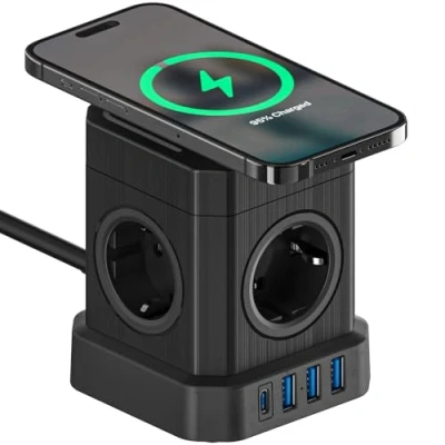Abbildung von VOOMY Kabelloses Ladegerät 15W Steckdosenleiste Würfel USB mit 4 Steckdosen 3 A und 1 Typ C Mehrfachsteckdose Überspannungsschutz Schalter für Zuhause Büro (Schwarze)