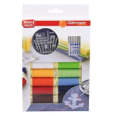 Abbildung von Gütermann creativ Nähfaden Set mit 10 Spulen Allesnäher 100 m in bunten Farben + Handnähnadeln von PRYM und Nähmaschinennadeln SCHMETZ, Mehrfabig, 230x145x22 mm