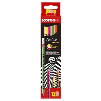 Abbildung von Kores Grafitos Neon: HB Graphitstifte mit weicher Mine, Dreiecksform, Schulbedarf zum Schreiben, Zeichnen und Skizzieren, 12 Stück, grün, gelb, orange, pink, 92306