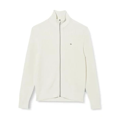 Abbildung von Tommy Hilfiger Strickjacke RIB COTTON ZIP THROUGH in Rippenoptik, Reißverschluss, Stehkragen, Logostickerei