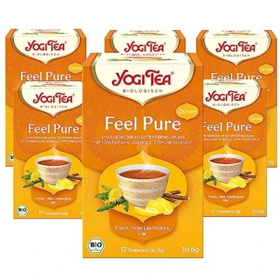 Abbildung von YOGI TEA Feel Pure, Ayurvedischer Bio Gewürzteevon Natur aus Koffeinfrei, mit Löwenzahn, Süßholz und Zitronenschale 6x17 Beutel (102 Teebeutel insgesamt)