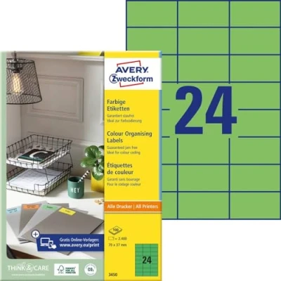 Abbildung von AVERY Zweckform 3450 Grüne Etiketten (2.400 Aufkleber, 70x37mm auf A4, permanent haftend, selbstklebende Farbetiketten, Papier matt, bedruckbare, farbige Klebeetiketten) 100 Blatt