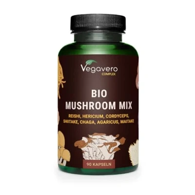 Abbildung von Bio Pilz Komplex 1300 mg 7 Extrakte: Reishi, Cordyceps, Shiitake, Chaga, Hericium, Agaricus, Maitake Mushroom Mix Beta Glucane &amp; Polysaccharide Vegan Dt. Produktion von Vegavero®