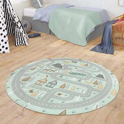 Abbildung von TT Home Teppich Kinderzimmer Kinderteppich Babymatte Straßen Motiv Tiere Wald Haus Junge, Farbe:Türkis, Größe:Ø 150 cm Rund