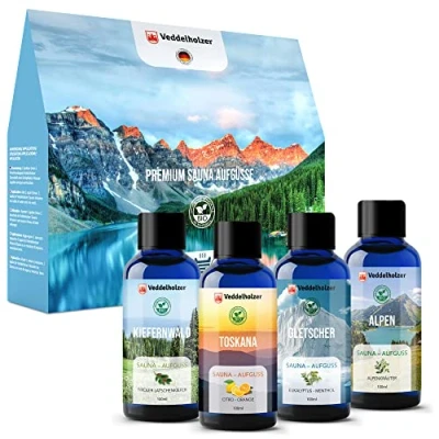 Abbildung von Veddelholzer Garten Sauna Aufgussset Bio Saunaaufguss Geschenkset Saunazubehör Aufgussmittel (4 x 100 ml verschiedene Saunaöle, 4 tlg., 100% naturreinen ätherischen Ölen) Qualität als